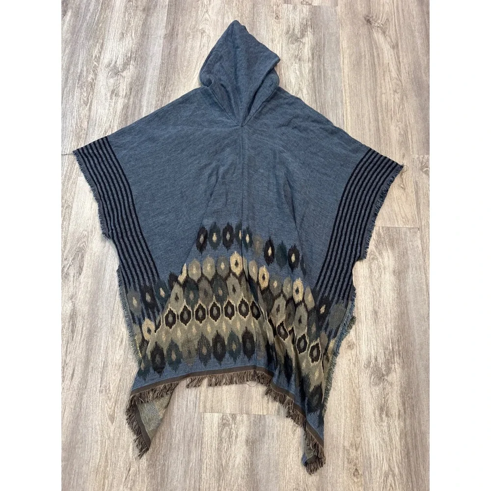 Free People The Casablanca Hooded‎ Poncho Blue Fringe Metallic Size OS